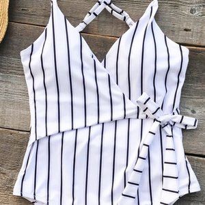 Cupshe White Black Stripes Wrap One Piece Swimwear